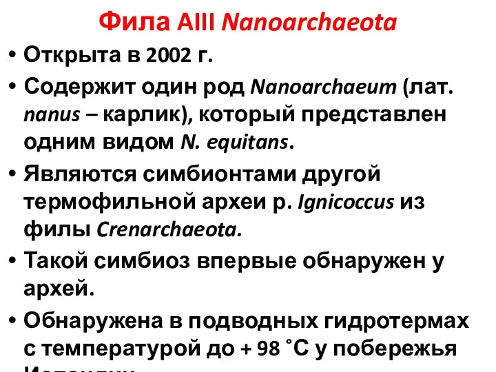 Фила AIII Nanoarchaeota Открыта в 2002 г. Содержит один род