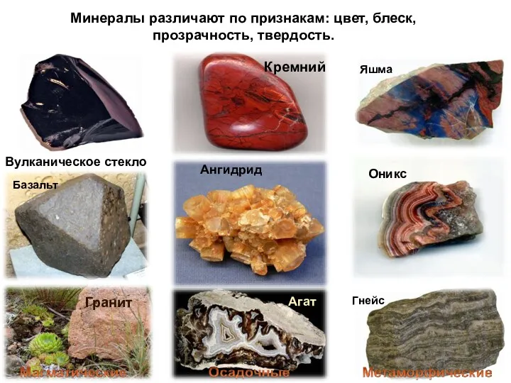 Гранит Базальт Вулканическое стекло Кремний Ангидрид Агат Гнейс Оникс Яшма Минералы различают по