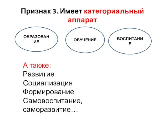 А также: Развитие Социализация Формирование Самовоспитание, саморазвитие… ОБРАЗОВАНИЕ ОБУЧЕНИЕ ВОСПИТАНИЕ Признак 3. Имеет категориальный аппарат