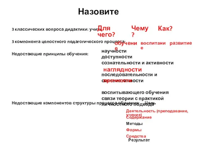 Назовите 3 классических вопроса дидактики: учить 3 компонента целостного педагогического