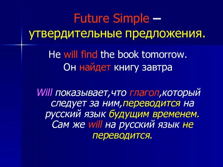 Future Simple – утвердительные предложения. He will find the book