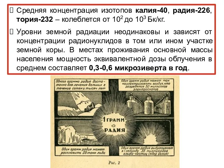 Средняя концентрация изотопов калия-40, радия-226, тория-232 – колеблется от 102