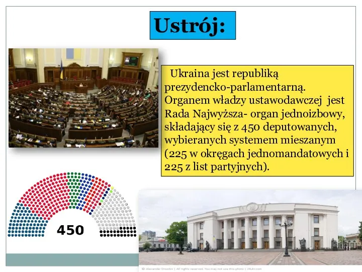 Ukraina jest republiką prezydencko-parlamentarną. Organem władzy ustawodawczej jest Rada Najwyższa-