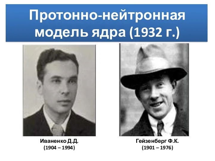 Протонно-нейтронная модель ядра (1932 г.) Иваненко Д.Д. (1904 – 1994) Гейзенберг Ф.К. (1901 – 1976)
