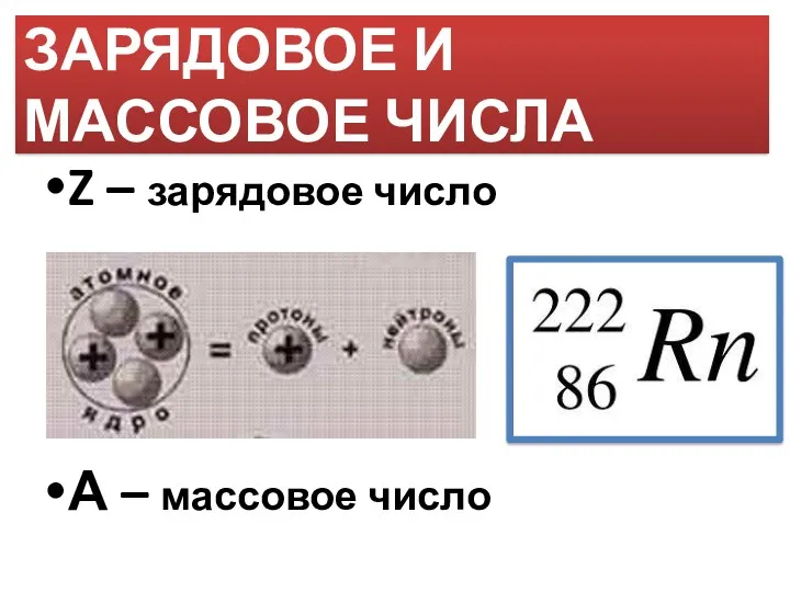 Z – зарядовое число А – массовое число ЗАРЯДОВОЕ И МАССОВОЕ ЧИСЛА