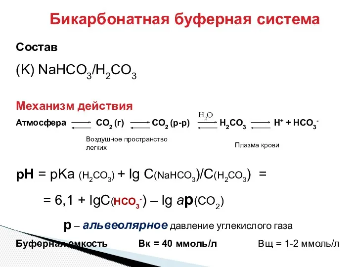 Бикарбонатная буферная система Состав (K) NaHCO3/H2CO3 Механизм действия Атмосфера СO2