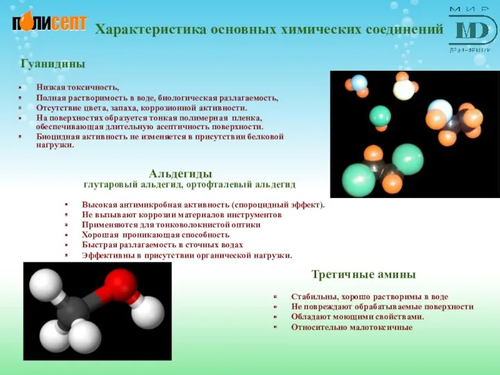 Характеристика основных химических соединений Альдегиды глутаровый альдегид, ортофталевый альдегид Высокая антимикробная активность (спороцидный