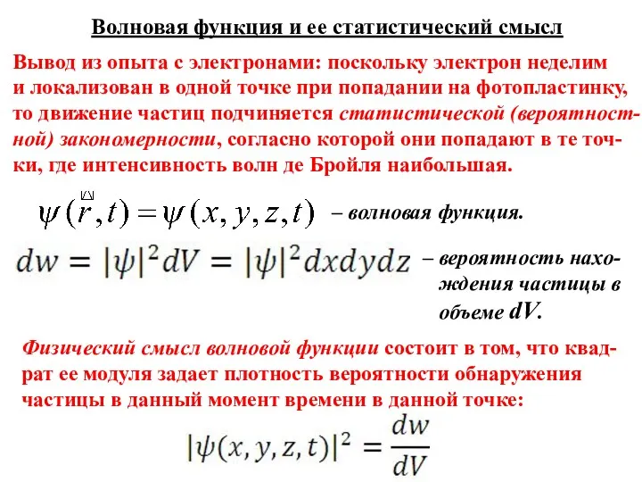 Волновая функция и ее статистический смысл Вывод из опыта с электронами: поскольку электрон