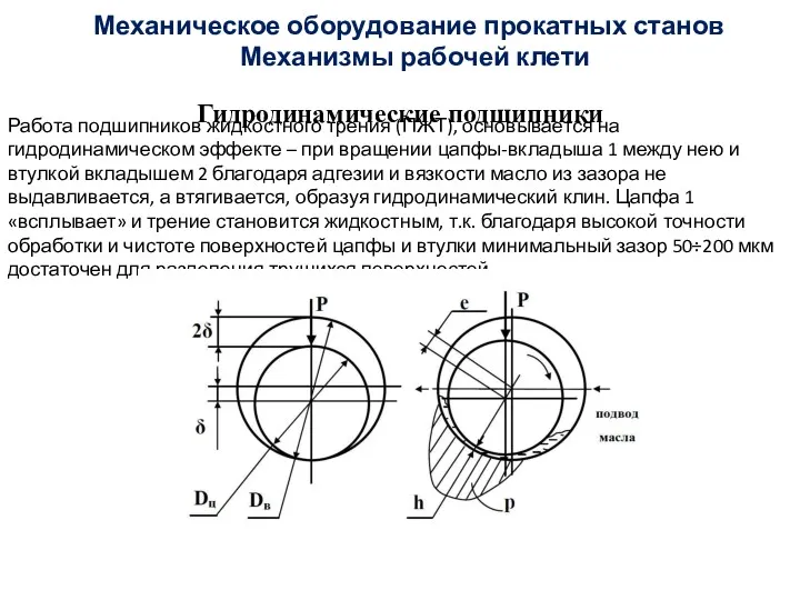 Гидродинамические подшипники Механизмы рабочей клети Механическое оборудование прокатных станов Работа