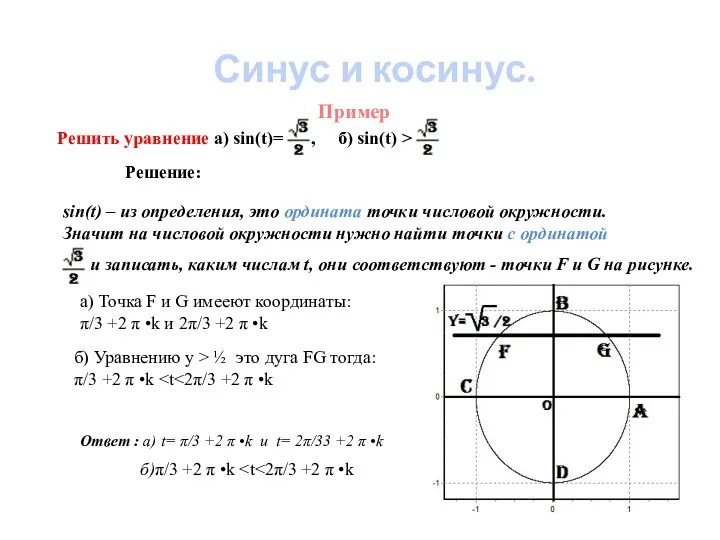 Решить уравнение a) sin(t)= , б) sin(t) > Пример Синус