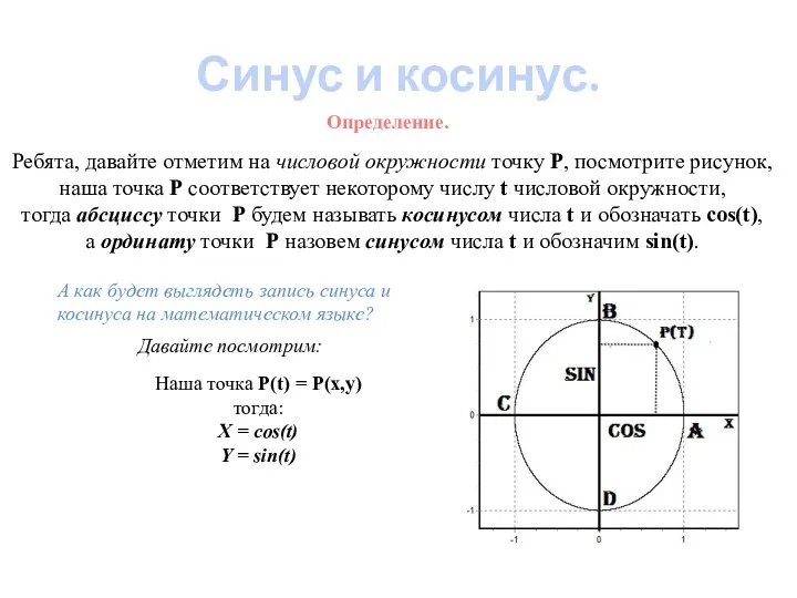 Определение. Синус и косинус. Ребята, давайте отметим на числовой окружности