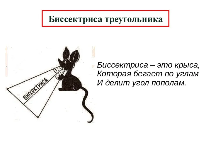 Биссектриса треугольника Биссектриса – это крыса, Которая бегает по углам И делит угол пополам.