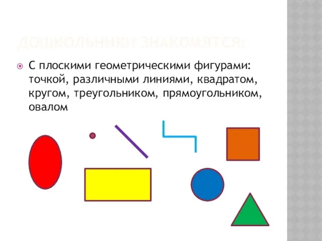 ДОШКОЛЬНИКИ ЗНАКОМЯТСЯ: С плоскими геометрическими фигурами: точкой, различными линиями, квадратом, кругом, треугольником, прямоугольником, овалом