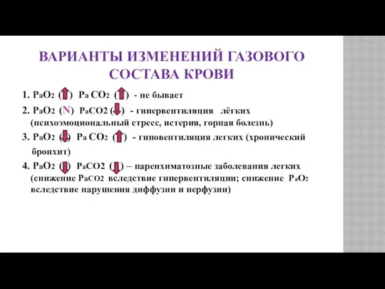 ВАРИАНТЫ ИЗМЕНЕНИЙ ГАЗОВОГО СОСТАВА КРОВИ 1. РаО2 ( ) Ра