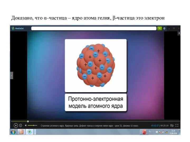 Доказано, что α–частица – ядро атома гелия, β-частица это электрон