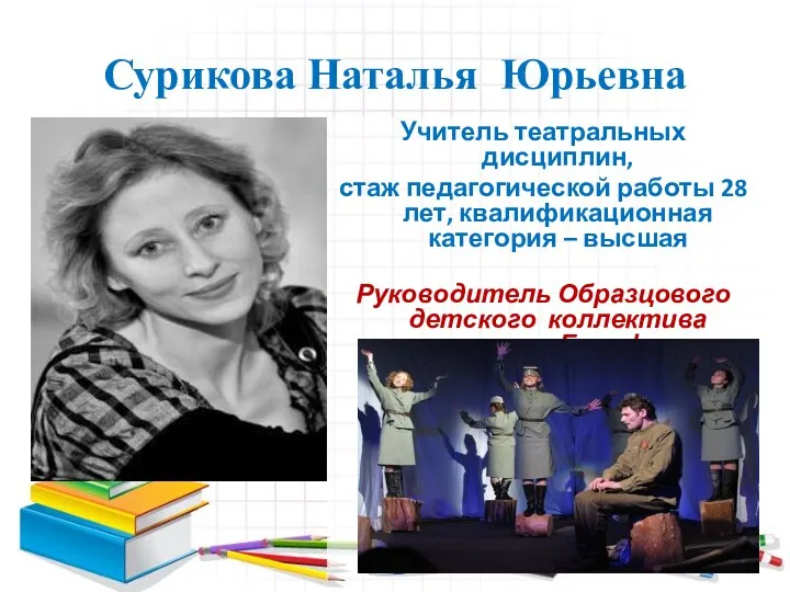 Сурикова Наталья Юрьевна Учитель театральных дисциплин, стаж педагогической работы 28
