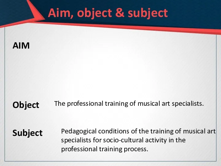 Aim, object & subject AIM Object The professional training of