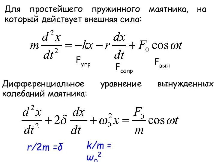 Для простейшего пружинного маятника, на который действует внешняя сила: Дифференциальное