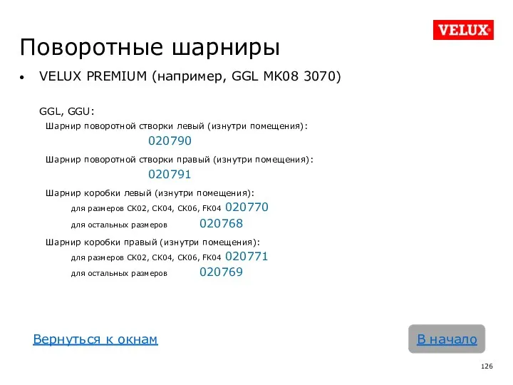 Поворотные шарниры В начало VELUX PREMIUM (например, GGL MK08 3070)