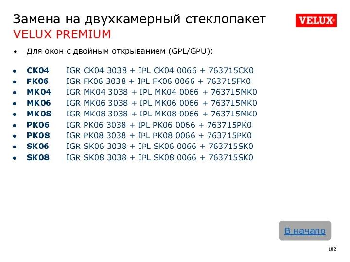 Замена на двухкамерный стеклопакет VELUX PREMIUM В начало Для окон