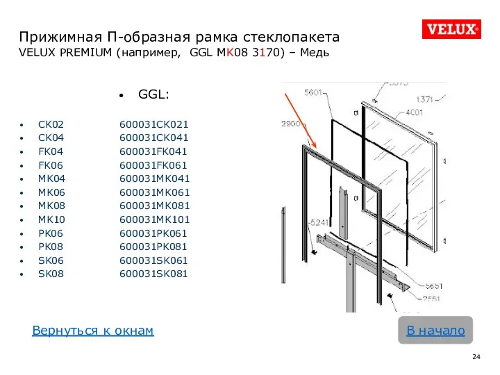 Прижимная П-образная рамка стеклопакета VELUX PREMIUM (например, GGL MK08 3170)