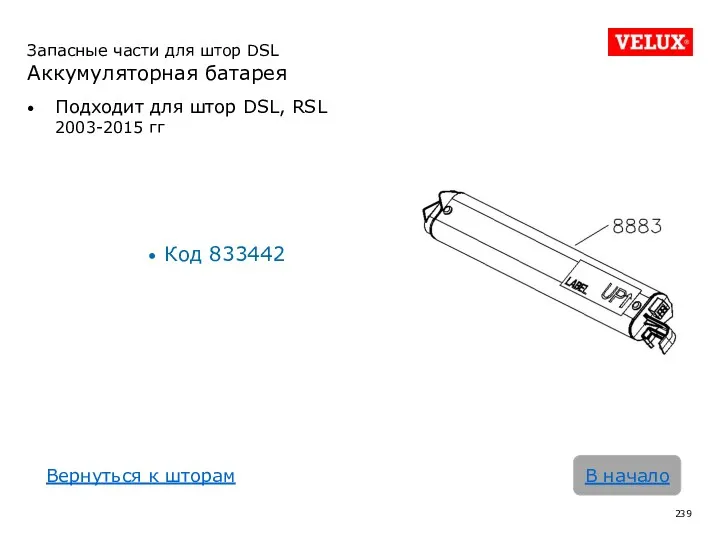 Подходит для штор DSL, RSL 2003-2015 гг Код 833442 В