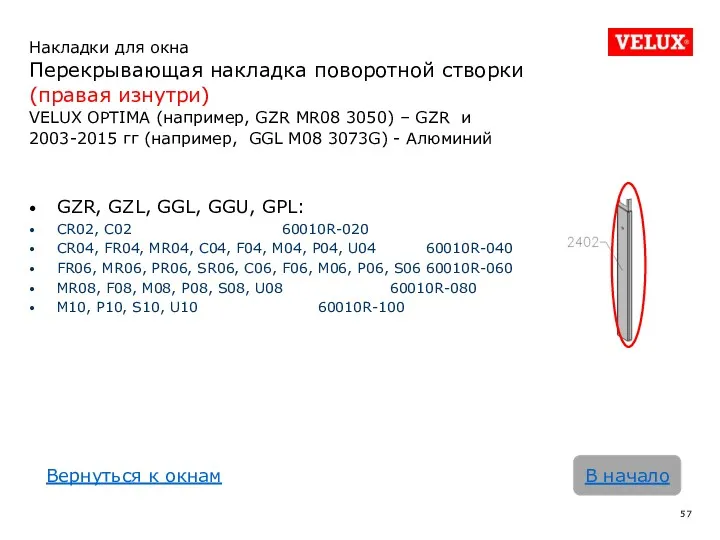 Накладки для окна Перекрывающая накладка поворотной створки (правая изнутри) VELUX