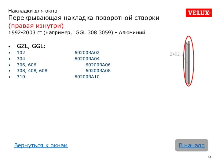 Накладки для окна Перекрывающая накладка поворотной створки (правая изнутри) 1992-2003