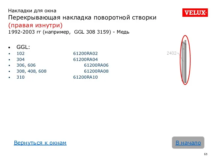 Накладки для окна Перекрывающая накладка поворотной створки (правая изнутри) 1992-2003