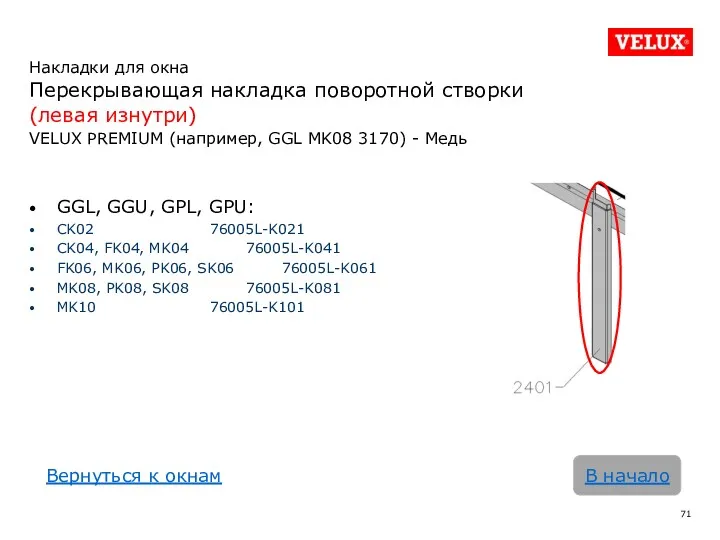 Накладки для окна Перекрывающая накладка поворотной створки (левая изнутри) VELUX