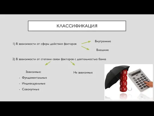 КЛАССИФИКАЦИЯ 1) В зависимости от сферы действия факторов Внутренние Внешние