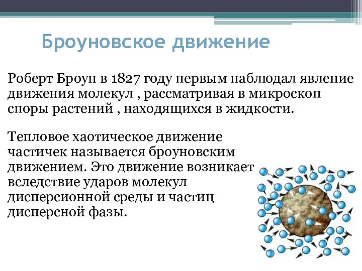 Броуновское движение Роберт Броун в 1827 году первым наблюдал явление