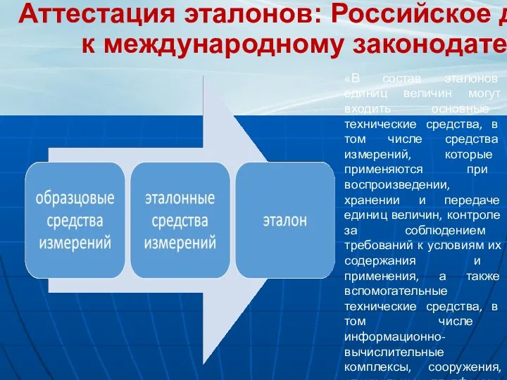 Аттестация эталонов: Российское дополнение к международному законодательству «В состав эталонов