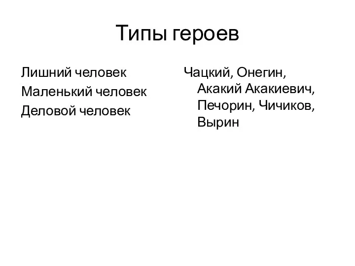 Типы героев Лишний человек Маленький человек Деловой человек Чацкий, Онегин, Акакий Акакиевич, Печорин, Чичиков, Вырин