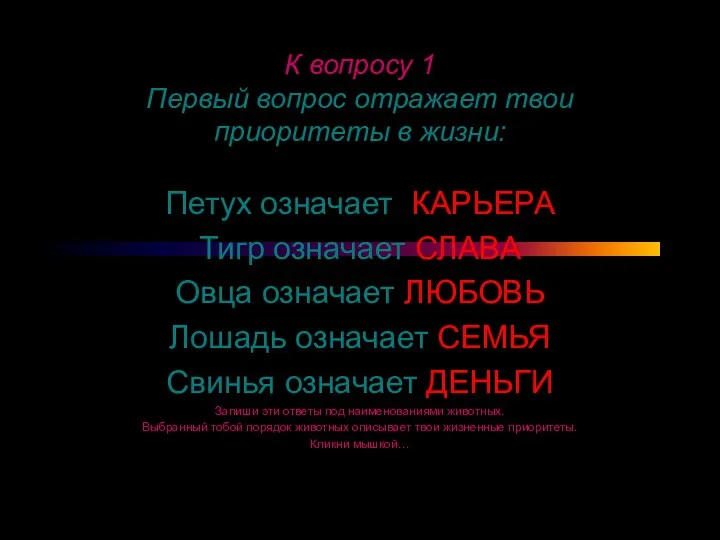 К вопросу 1 Первый вопрос отражает твои приоритеты в жизни: