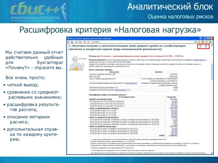 Аналитический блок Расшифровка критерия «Налоговая нагрузка» Оценка налоговых рисков Мы