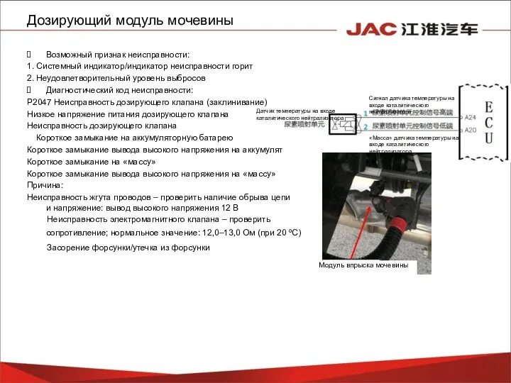 Дозирующий модуль мочевины Возможный признак неисправности: 1. Системный индикатор/индикатор неисправности