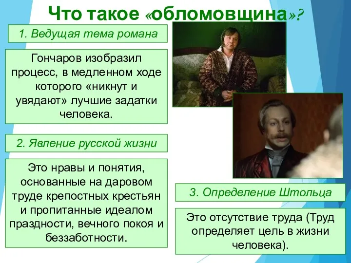 1. Ведущая тема романа Гончаров изобразил процесс, в медленном ходе которого «никнут и