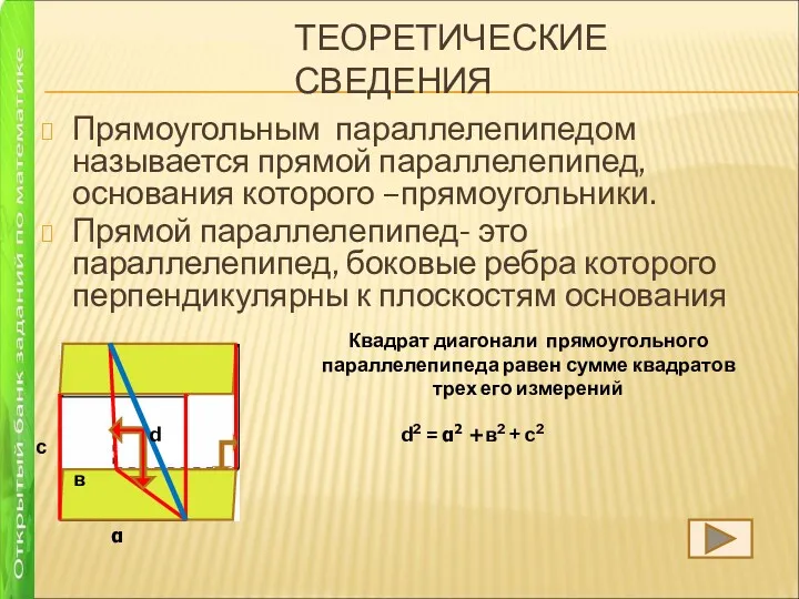 ТЕОРЕТИЧЕСКИЕ СВЕДЕНИЯ Прямоугольным параллелепипедом называется прямой параллелепипед, основания которого –прямоугольники.