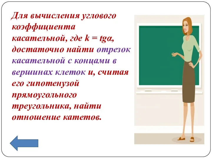 Для вычисления углового коэффициента касательной, где k = tgα, достаточно