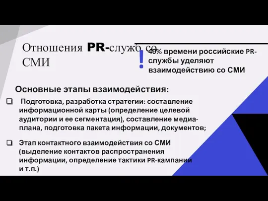 Отношения PR-служб со СМИ Основные этапы взаимодействия: 40% времени российские PR-службы уделяют взаимодействию