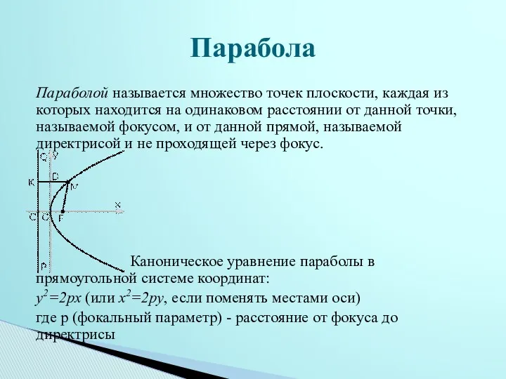 Параболой называется множество точек плоскости, каждая из которых находится на