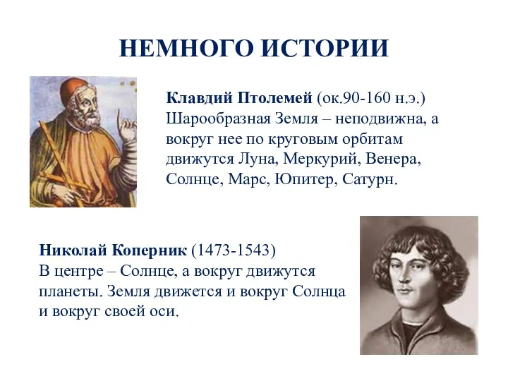 НЕМНОГО ИСТОРИИ Клавдий Птолемей (ок.90-160 н.э.) Шарообразная Земля – неподвижна,