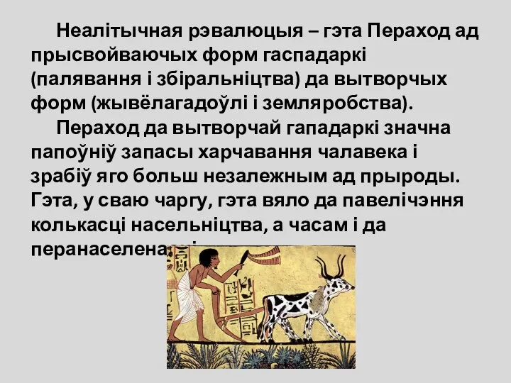 Неалітычная рэвалюцыя – гэта Пераход ад прысвойваючых форм гаспадаркі (палявання