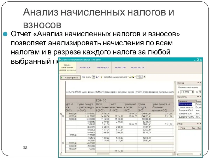 Анализ начисленных налогов и взносов Отчет «Анализ начисленных налогов и