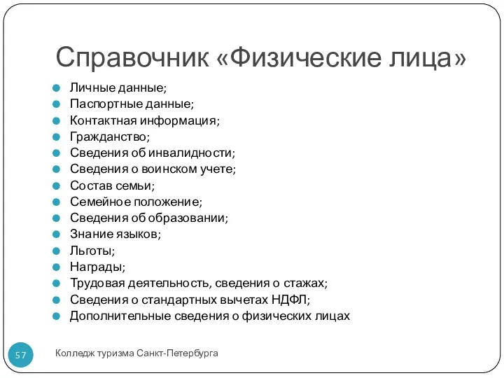 Справочник «Физические лица» Колледж туризма Санкт-Петербурга Личные данные; Паспортные данные;