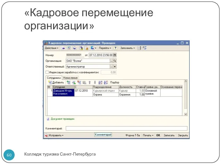 «Кадровое перемещение организации» Колледж туризма Санкт-Петербурга