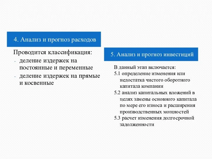 4. Анализ и прогноз расходов 5. Анализ и прогноз инвестиций