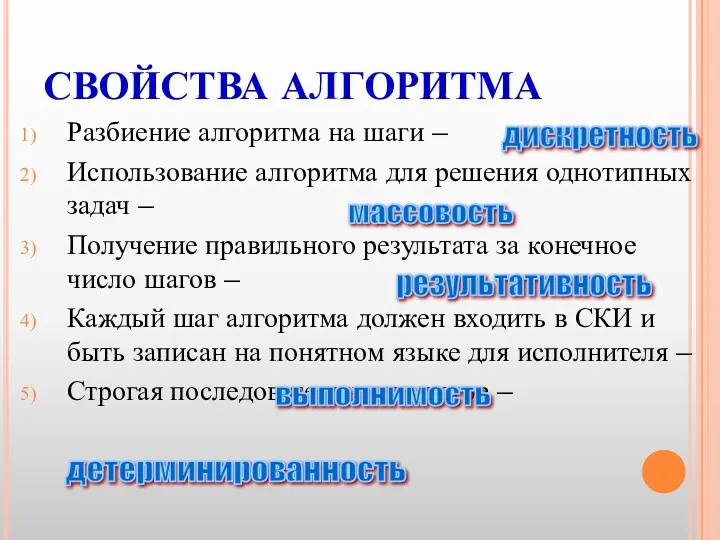 СВОЙСТВА АЛГОРИТМА Разбиение алгоритма на шаги – Использование алгоритма для