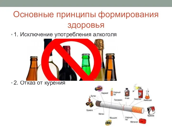 Основные принципы формирования здоровья 1. Исключение употребления алкоголя 2. Отказ от курения